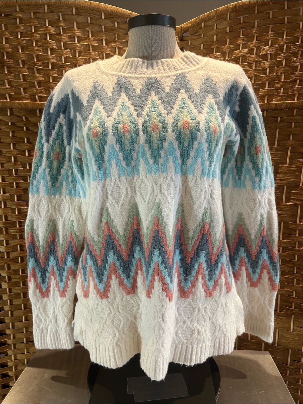Talbots Petite Fair Isle Chevron Heavy Knit Wool Blend Sweater MP